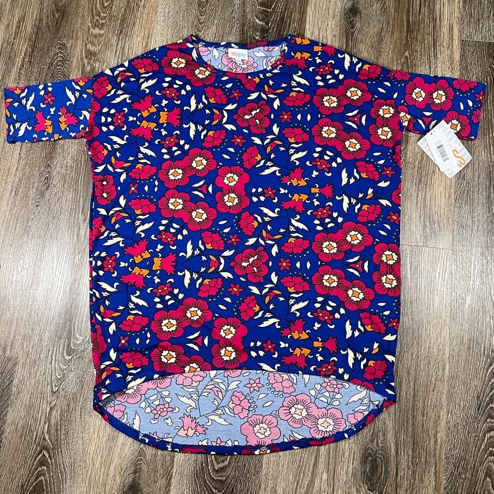 NWT Lularoe Irma Shirt Royal blue pink cream floral sz:‎ XS